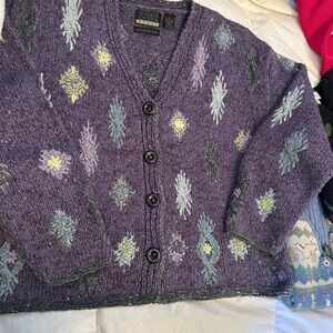 Sigrid Olsen Purple Knit V-Neck Button Front Cardigan with Multicolor Embroidery